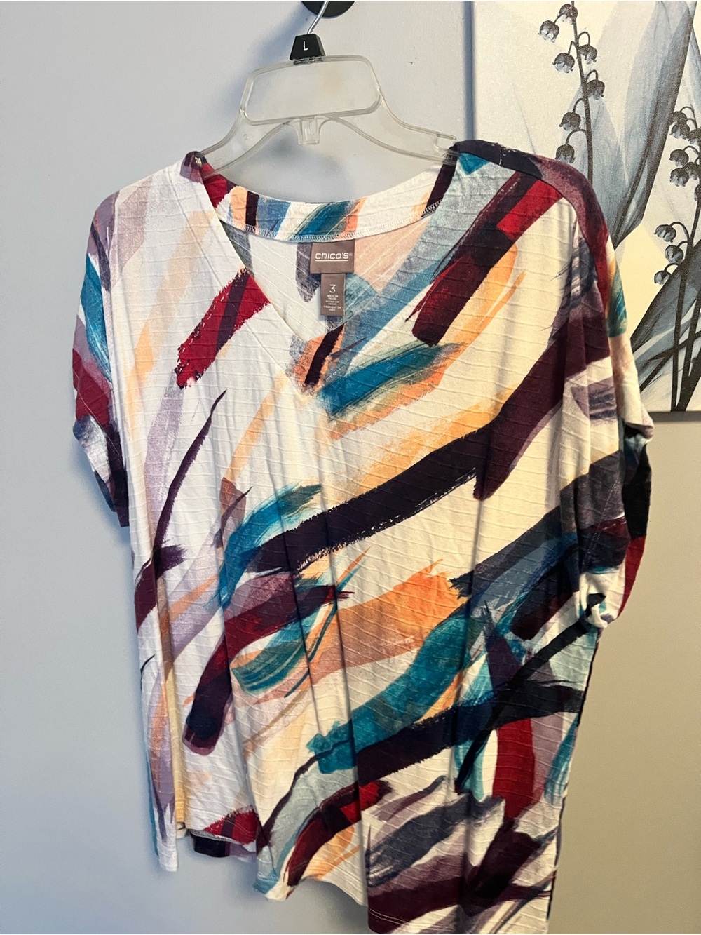 Chico's Multicolor Brushstroke V-Neck Top - White, Teal, Navy, Burgundy, Orange